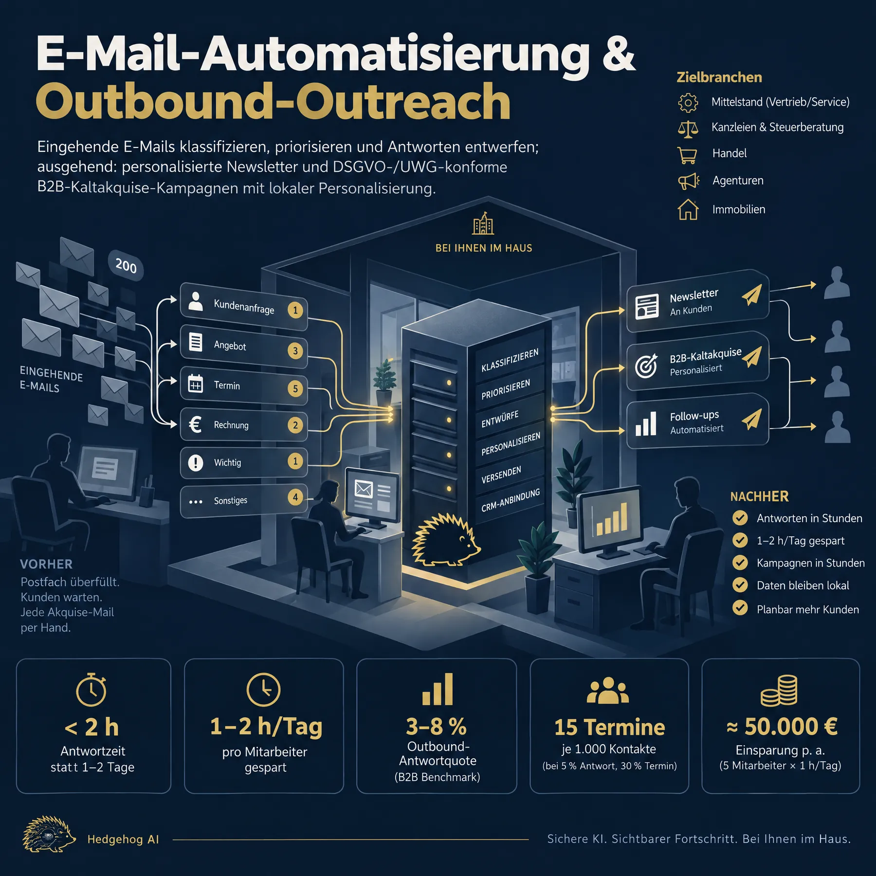 Infografik E-Mail-Automatisierung & Outbound-Outreach: Ablauf, Nutzen, Angebotspalette